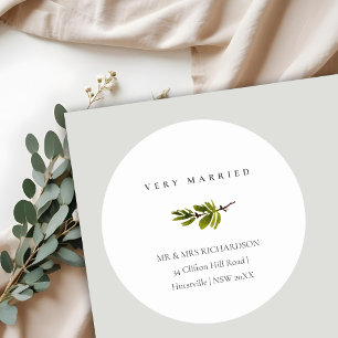 Minimal Pine Branch Christmas Address Very Married Classic Round Sticker