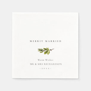 Minimal Pine Branch Christmas Merrily Married Napkin