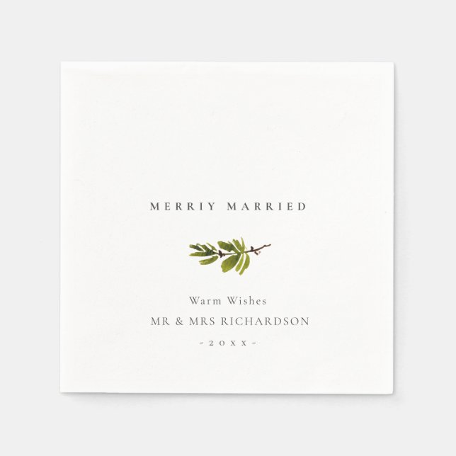 Minimal Pine Branch Christmas Merrily Married Napkin (Front)