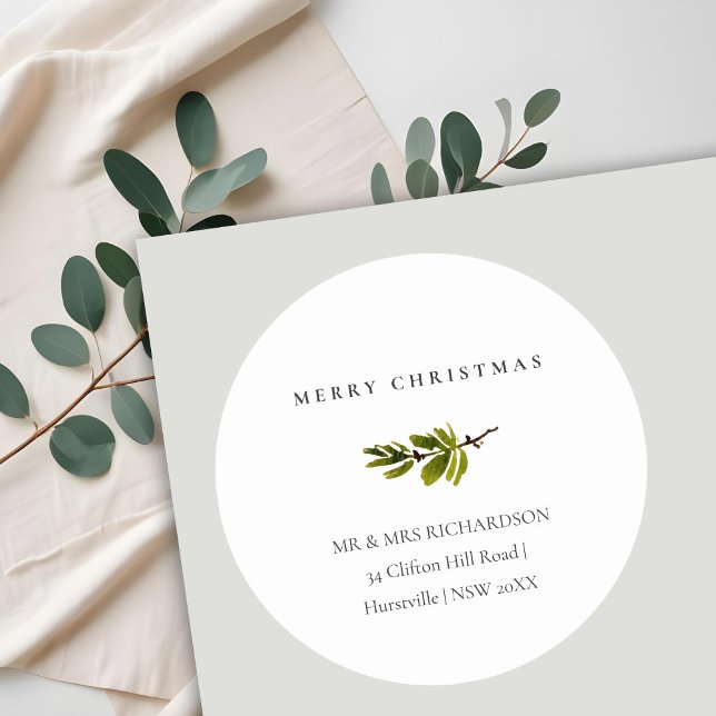 Minimal Pine Branch Merry Christmas Address Classic Round Sticker (Creator Uploaded)