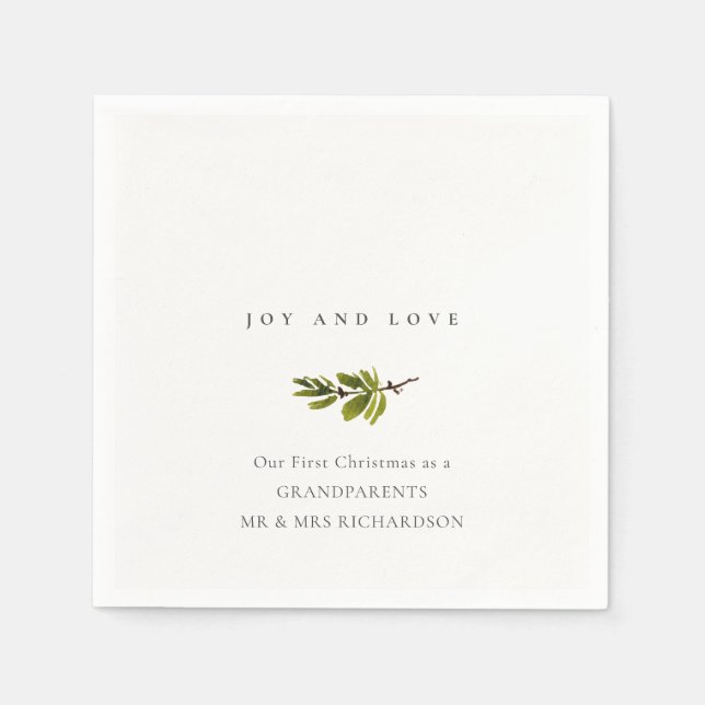 Minimal Pine Branch Our First Christmas Joy & Love Napkin (Front)