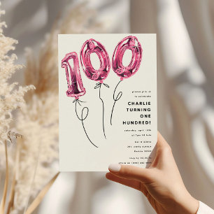 Minimal Pink 100 Balloon 100th Birthday Party Invitation
