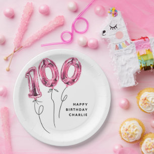 Minimal Pink 100 Balloon 100th Birthday Party Paper Plate