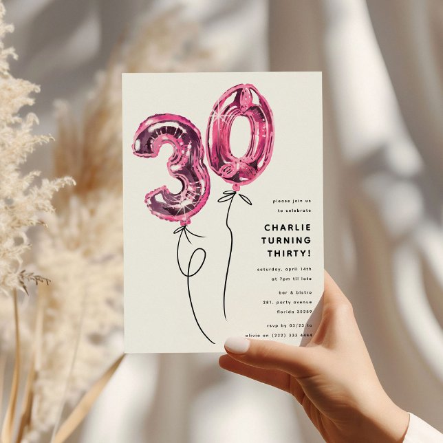 Minimal Pink 30 Balloon 30th Birthday Party Invitation (Creator Uploaded)