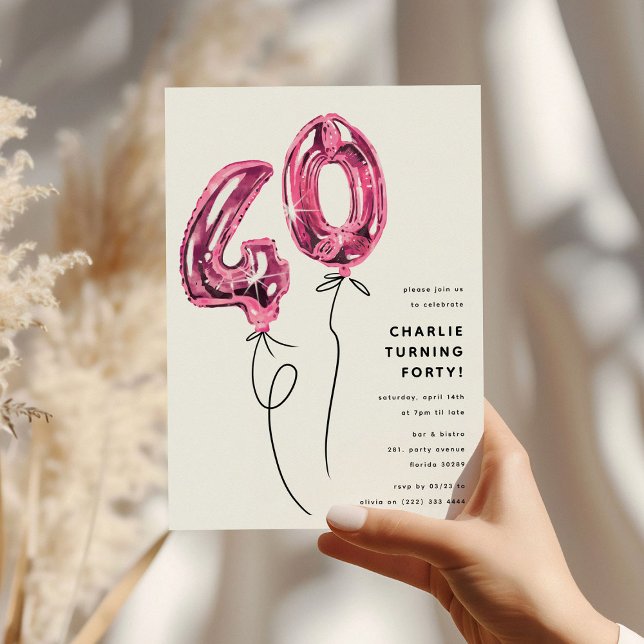 Minimal Pink 40 Balloon 40th Birthday Party Invitation (Creator Uploaded)
