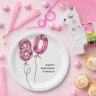 Minimal Pink 80 Balloon 80th Birthday Party Paper Plate