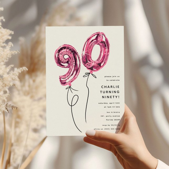 Minimal Pink 90 Balloon 90th Birthday Party Invitation (Creator Uploaded)