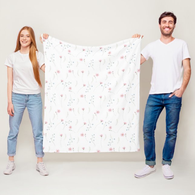 Minimal Pink Blue Watercolor Wildflower Pattern Fleece Blanket (In Situ)