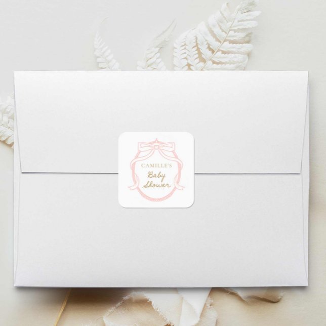 Minimal Pink Bow Girl Baby Shower Square Sticker (Elegant Pink Bow Baby Shower Stickers)