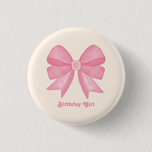 Minimal Pink Bow Sweet Birthday Girl  3 Cm Round Badge (Front)