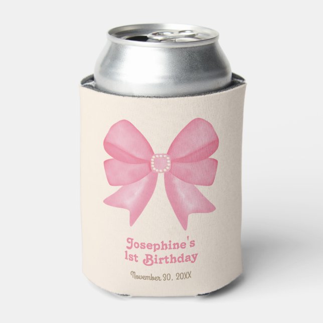 Minimal Pink Bow Sweet Girl Birthday Can Cooler (Can Front)