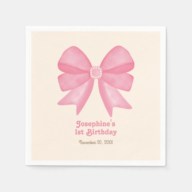 Minimal Pink Bow Sweet Girl Birthday Napkin (Front)