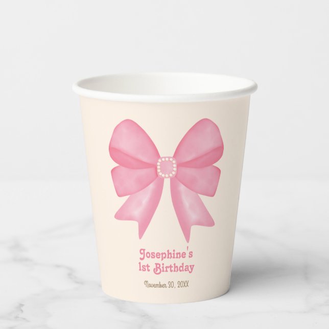 Minimal Pink Bow Sweet Girl Birthday Paper Cups (Back)