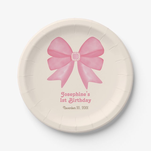 Minimal Pink Bow Sweet Girl Birthday Paper Plate (Front)