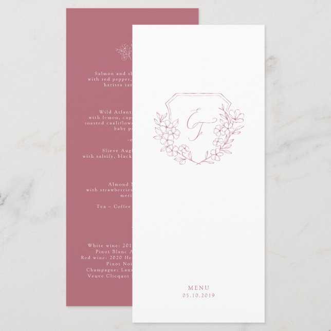 Minimal Pink Cherry Blossom Monogram Crest Menu (Front/Back)