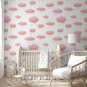 Minimal Pink Clouds Golden Stars Girl's Nursery Wallpaper