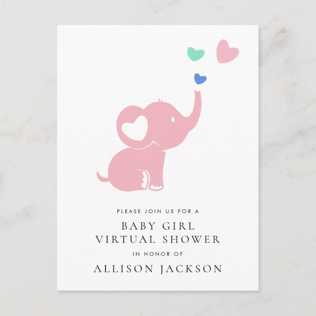 Minimal Pink Elephant Baby Girl Virtual Shower Invitation Postcard (Front)
