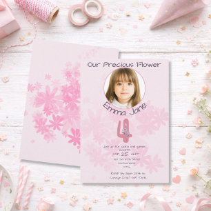 Minimal Pink Floral Photo Girl's 4th Birthday  Invitation