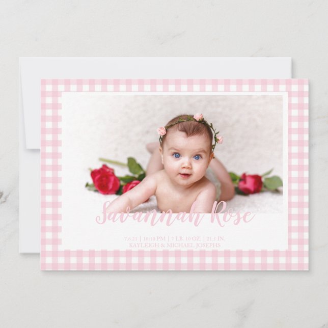 Minimal Pink Gingham Check Pattern Photo  Announcement (Front)