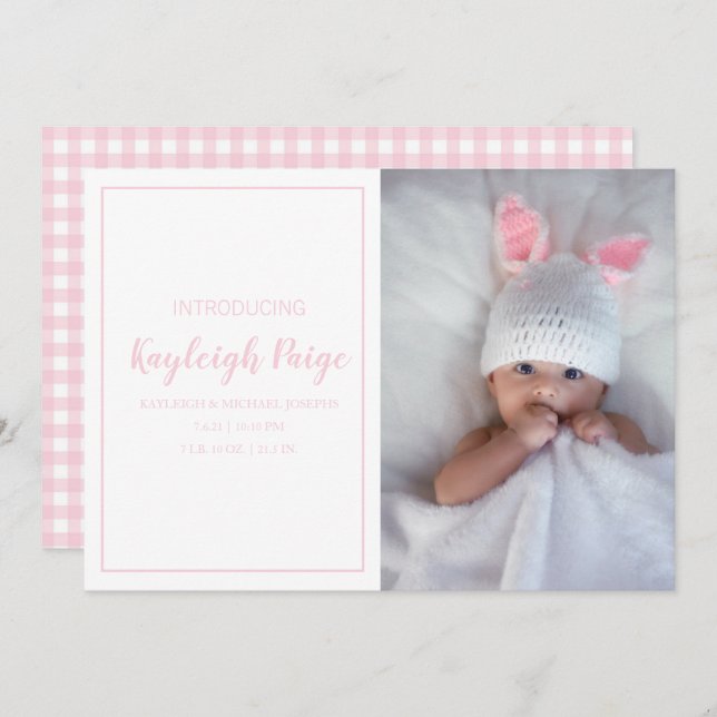 Minimal Pink Gingham Check Pattern Photo Birth Announcement (Front/Back)