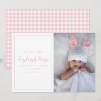 Minimal Pink Gingham Check Pattern Photo Birth Announcement