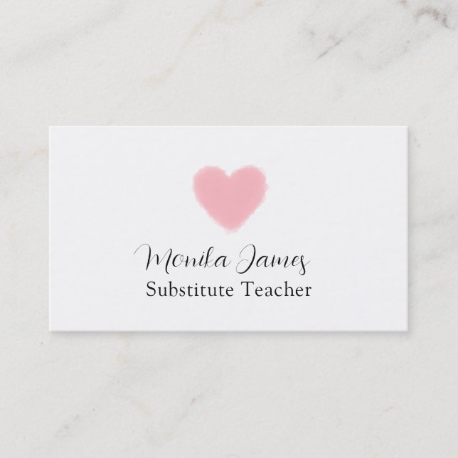 Minimal Pink Heart Substitute Teacher Business Card (Front)