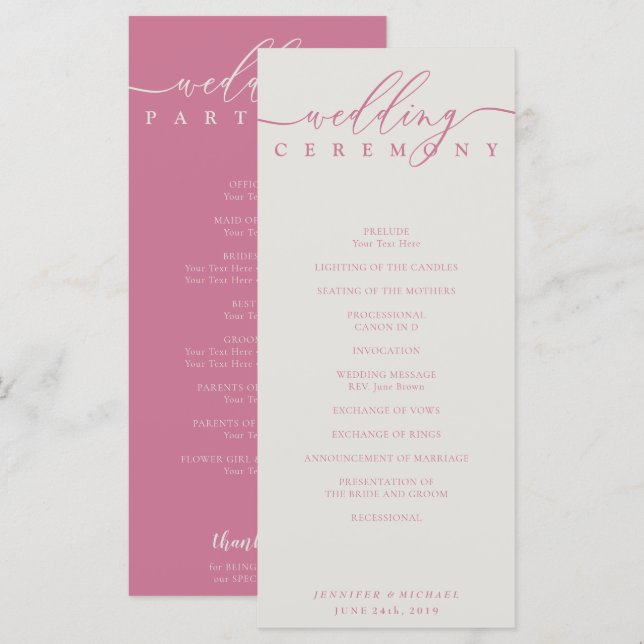 Minimal pink ivory Script Wedding Ceremony Programme (Front/Back)