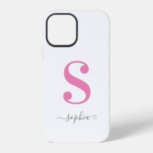 Minimal Pink Monogram with Grey Script Name White iPhone 12 Case