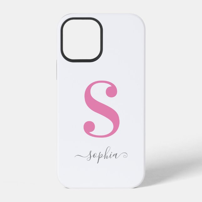 Minimal Pink Monogram with Grey Script Name White iPhone Case (Back)