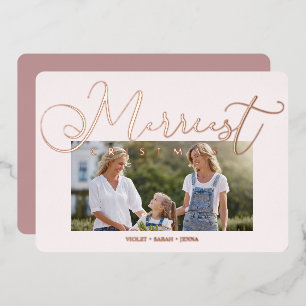 Minimal Pink Photo Merriest Christmas Typography Foil Holiday Card