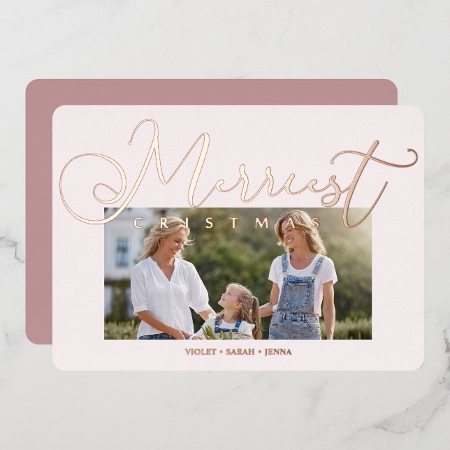 Minimal Pink Photo Merriest Christmas Typography Foil Holiday Card (Front/Back)