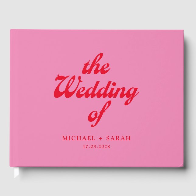 Minimal Pink Red Retro Wedding Guest Book (Front)