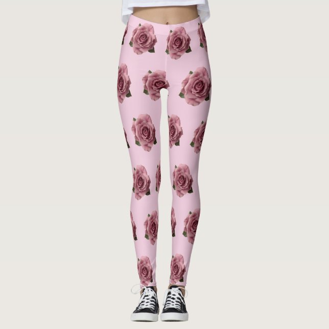 Minimal Pink Rose Design Pattern Leggings (Front)