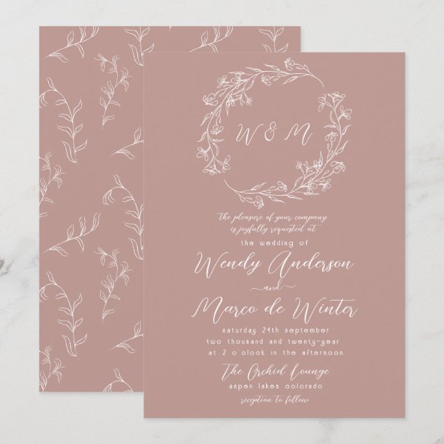 Minimal Pinkish Grey White Boho Botanical Wedding Invitation (Front/Back)