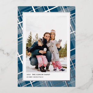 Minimal Plaid One Photo Blue Vertical Real Foil Holiday Card