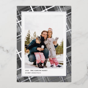 Minimal Plaid One Photo Grey Vertical Real Foil Holiday Card