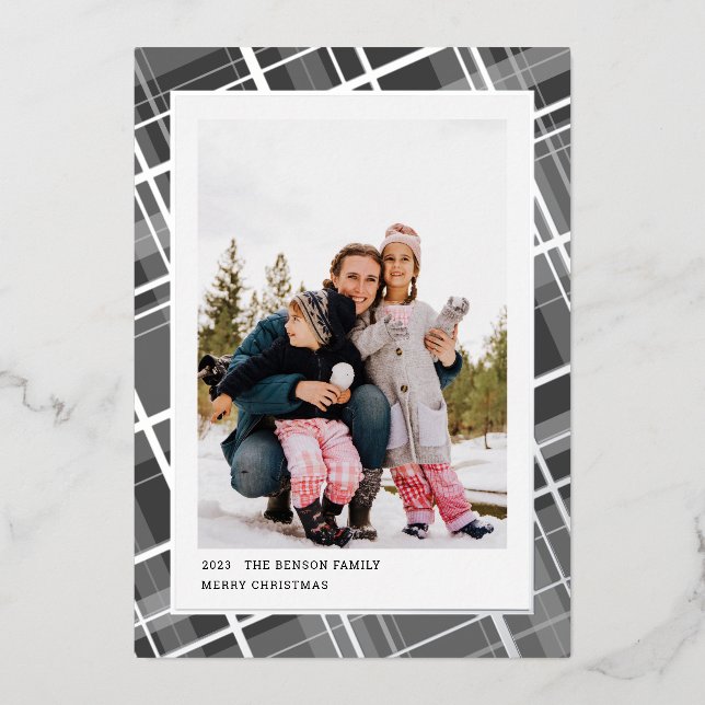 Minimal Plaid One Photo Grey Vertical Real Foil Holiday Card (Front)
