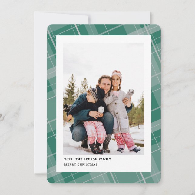 Minimal Plaid One Photo Turquoise Vertical Holiday Card (Front)