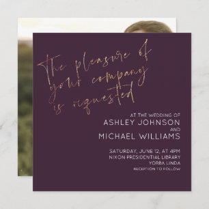 Minimal Plum Gold Script Photo Wedding Invitation