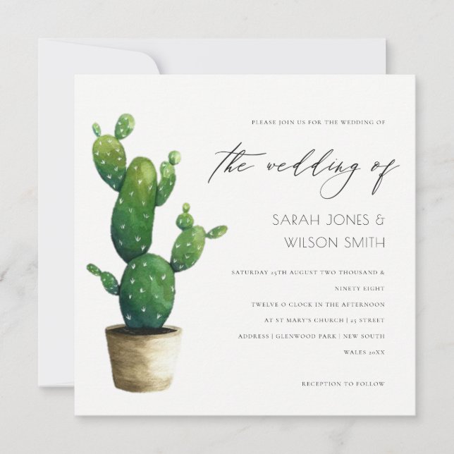Minimal Potted Cactus Green Foliage Wedding Invite (Front)