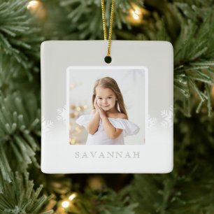 Minimal Powder Grey & Snowflake Two Photo Ceramic Ornament