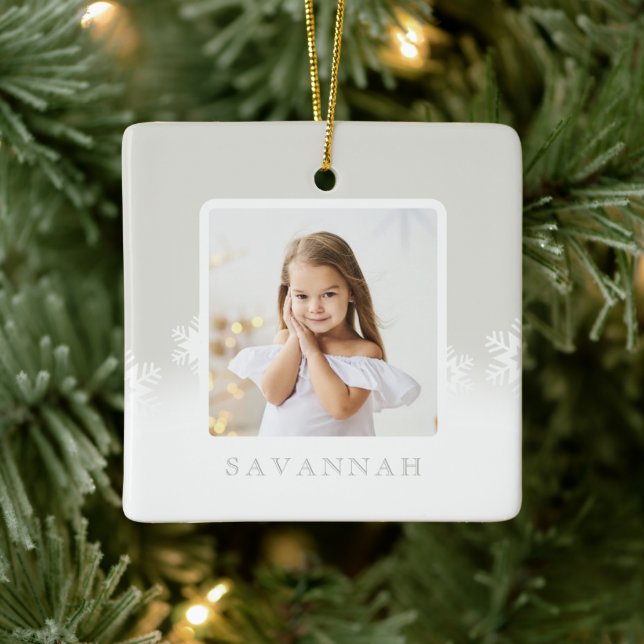 Minimal Powder Grey & Snowflake Two Photo Ceramic Ornament (Tree)