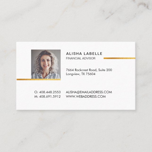Minimal Professional Black & Gold Photo Layout Business Card (Front)