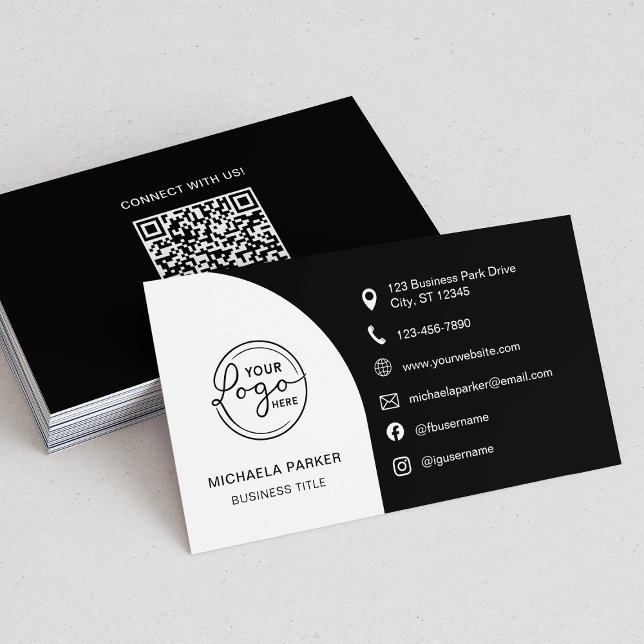 Minimal Professional Custom Logo QR Code Black Business Card (Creator Uploaded)