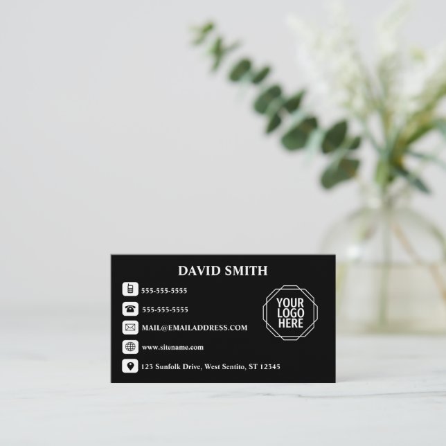 Minimal Professional QR Code Black Business Card (Standing Front)