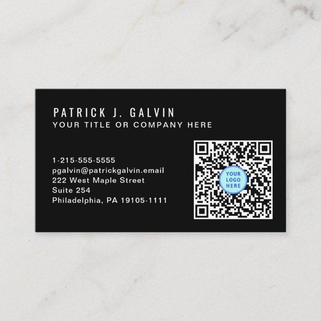 Minimal Professional QR Code Logo Black Business Card (Front)