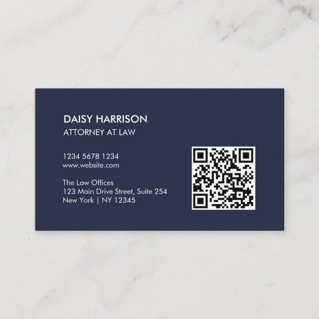 Minimal Professional QR Code Navy Blue Business Card (Front)