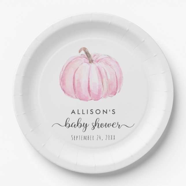 Minimal Pumpkin Watercolor Baby Girl Shower Paper Plate (Front)