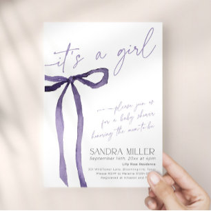 Minimal Purple Bow Lilac Ribbon Modern Baby Shower Invitation