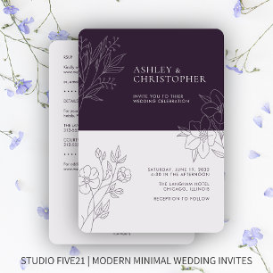 Minimal Purple Foliage Outline All-in-One Wedding Invitation